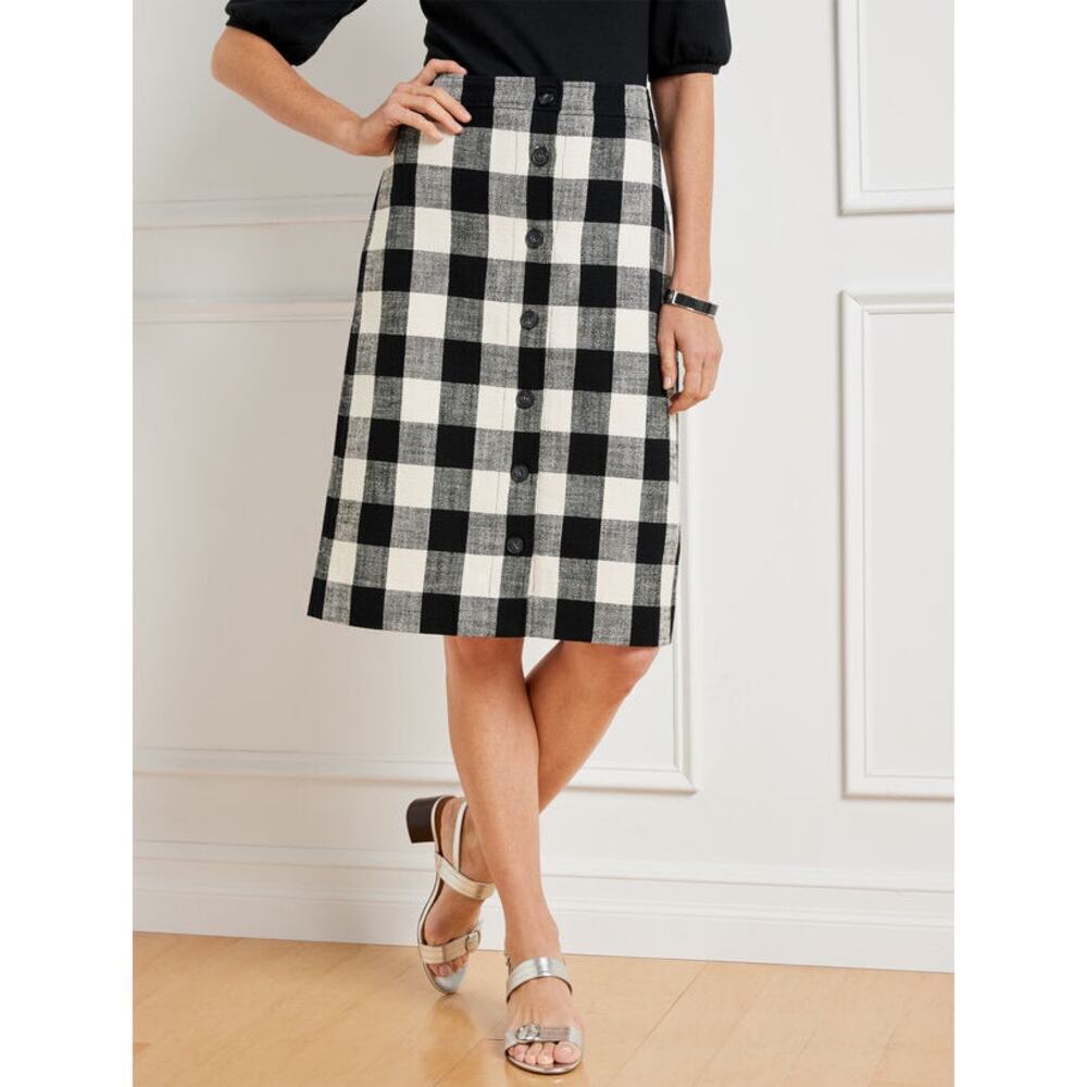 Talbots Gingham Button Front Knee Length A-Line Skirt White/Black Women's 6P